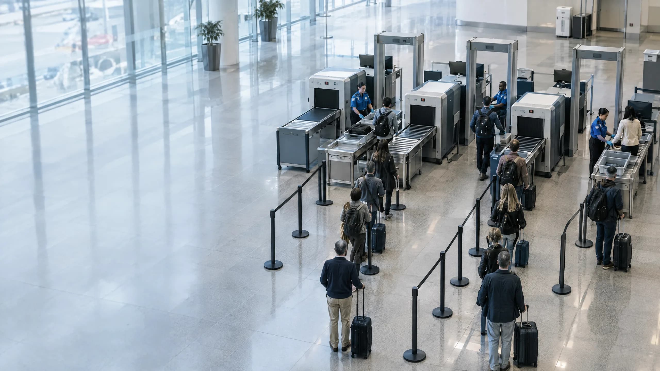 An airport security checkpoint seen from above: three screening lanes with X-ray machines and walk-through scanners, and passengers queuing between belt barriers. Vision AI has verified lane 2 as flowing, counted the four people in the lane 3 queue, and drafted an action for lane 3 that needs approval.