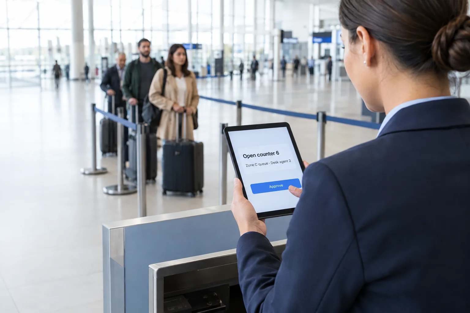 A desk agent in a navy uniform at a check-in counter, seen over her shoulder, holds a tablet showing the action the agent drafted: open counter 6 for the Zone C queue with desk agent 2, and an Approve button under her thumb. Three travellers queue between belt barriers behind.