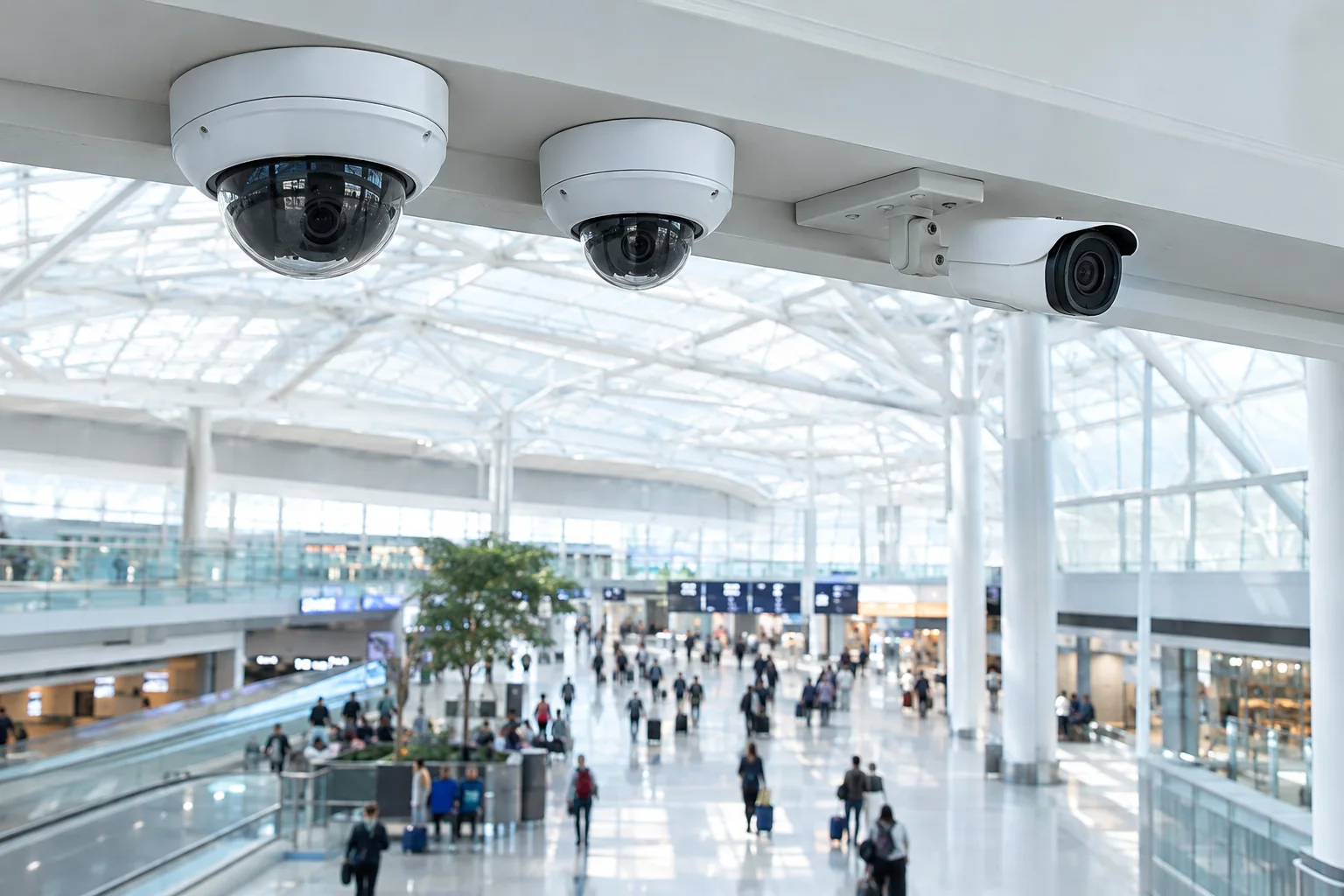 Two dome cameras and a bullet camera mounted on a terminal ceiling beam above a busy concourse, already installed, each connected as an input. Cameras 12, 13 and 14 watch Terminal B, check-in and the concourse.