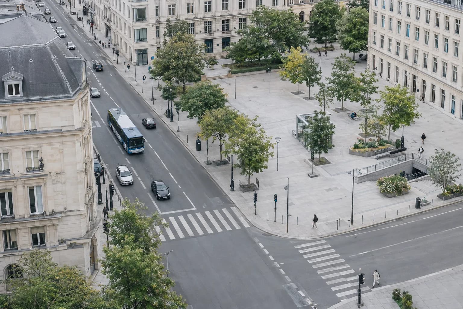A city intersection seen from a fixed camera. A bus is detected and the empty pedestrian crossing ahead of it is marked clear.