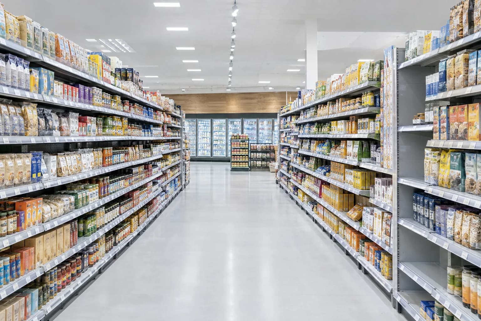 A supermarket aisle. A nearly empty shelf section on the right, holding only two jars, is flagged for low stock.