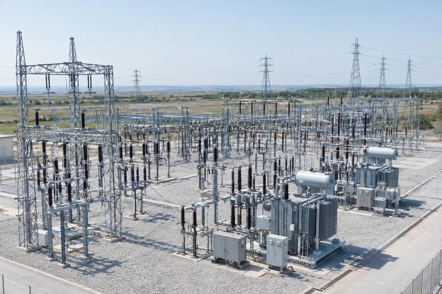 An electrical substation in daylight, with an insulator stack detected at 0.94 confidence.